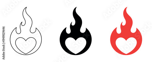 Fire heart symbols collection in flat vector design isolated for emotion passion romance and creative branding