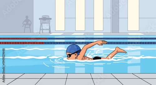 A person swims freestyle in a lane of a bright blue indoor pool