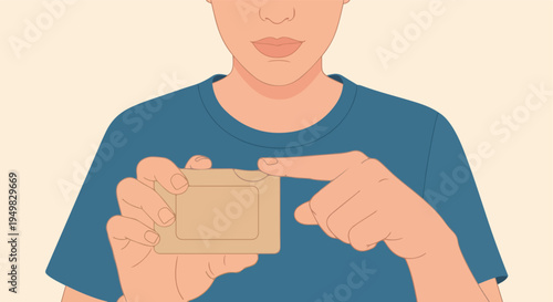 A person's hands hold and point to a blank, light brown card against a pale background