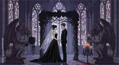 Gothic wedding ceremony with gargoyles, stained glass, and a couple in black attire