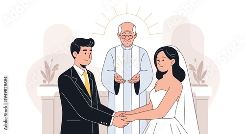 A wedding ceremony with a couple and officiant, styled with soft colors