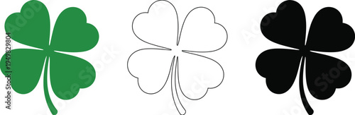 Three Four Leaf Clover Icons Green Outline and Black Silhouette on White shamrock luck