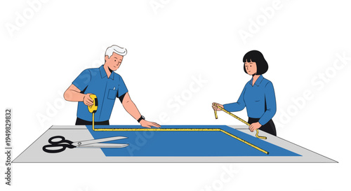 Two people are measuring a large blue fabric on a table with tape measures and scissors