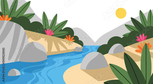 Serene river flows through a mountainous landscape with lush foliage