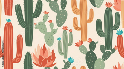 Vibrant cacti and succulents fill the desert landscape with colorful flowers and spiky plants.
