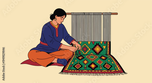 Woman weaving a colorful patterned rug on a traditional loom