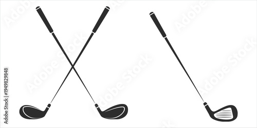 Two Golf Clubs Crossed and One Golf Club Standing Isolated on White Background Keywords: golf, club, sport, equipment, game