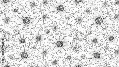 A black and white illustration of numerous blooming flowers and buds in a garden scene.