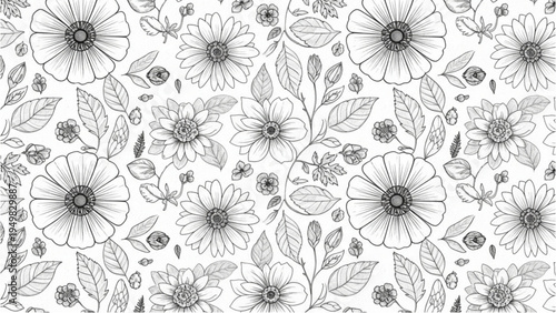 A beautiful illustration of various flowers and leaves in a garden setting with natural scenery outdoor view.