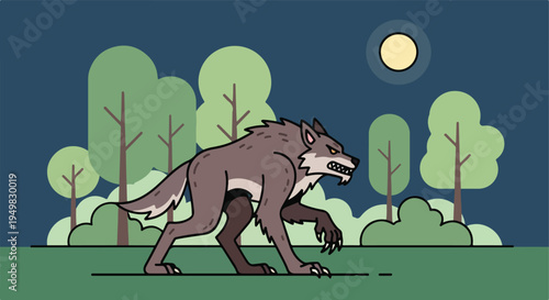 A menacing werewolf stalks through a moonlit forest with stylized trees