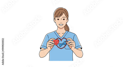 Caring person in medical attire holds heart and bone icons