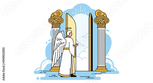 Angel stands by an open gateway between classical columns in the clouds