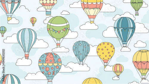 Colorful hot air balloons float gently amidst fluffy white clouds in a serene sky scene