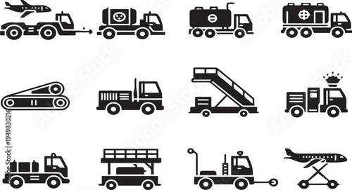 Twelve black and white icons representing various airport ground support vehicles and equipment, essential for airline operations.