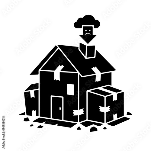 Cardboard box house icon, representing homelessness, temporary shelter, and poverty. Minimalist black and white line art vector of a makeshift home made from boxes and tape for social awareness