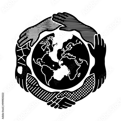 Globe with diverse patterned hands icon, representing global ethnic inclusion, racial diversity, and international unity. Minimalist black and white vector symbol for cultural equality and world peace