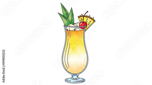 A colorful cocktail with umbrella and fruit garnish on a table