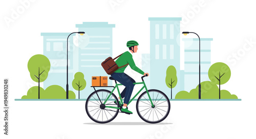 Man riding bicycle with basket.