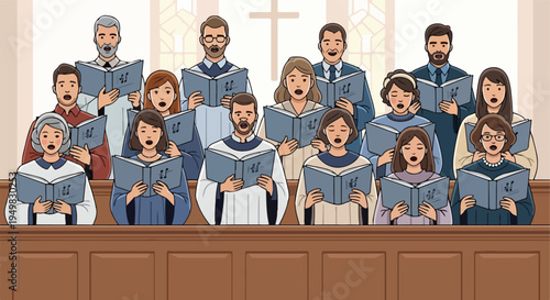 A diverse choir sings together in a church, holding open songbooks