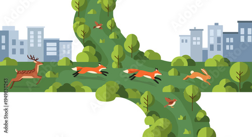 Foxes running through green landscape.