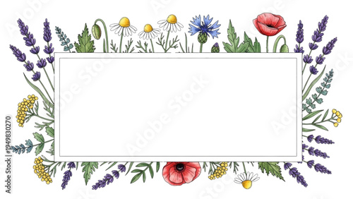 Flowers and leaves decorate a rectangular frame with poppies, lavender, and daisies.