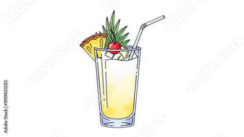 A refreshing cocktail with pineapple garnish and straw in a glass