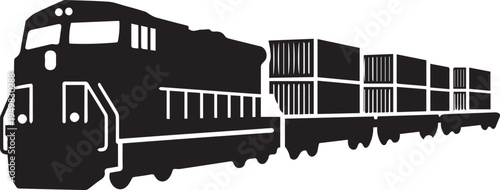 A detailed black silhouette icon vividly represents a powerful freight train, pulling multiple cargo containers 
