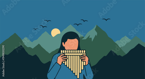 Person playing panpipes against a backdrop of twilight mountains and birds
