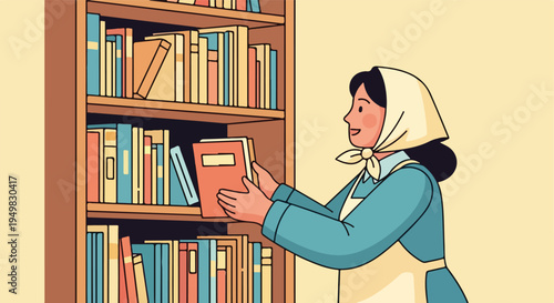 Woman in headscarf selects a book from a shelf, illustrated