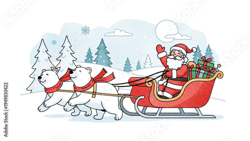 Santa Claus rides his sleigh pulled by dogs through snowy forest