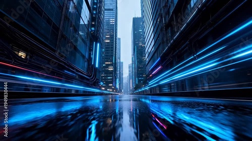 Cyberpunk city street with neon lights and reflections