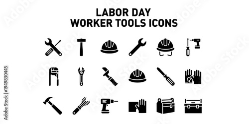 A collection of minimalist graphic icons for Labor Day, featuring professional worker tools and safety equipment in a simple and clean design
