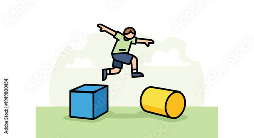 Child jumping over geometric shapes on a grassy field with clouds