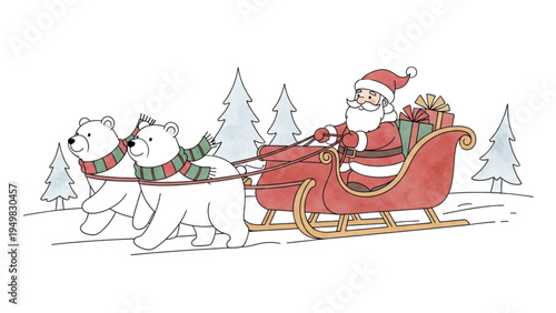 Santa rides in sleigh pulled by polar bears through snowy forest