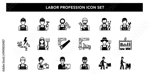 Labor Profession Icon Set in Graphic Informative Style. A diverse collection of skilled trade and manual worker icons.