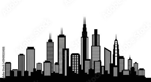 City skyline with tall buildings.
