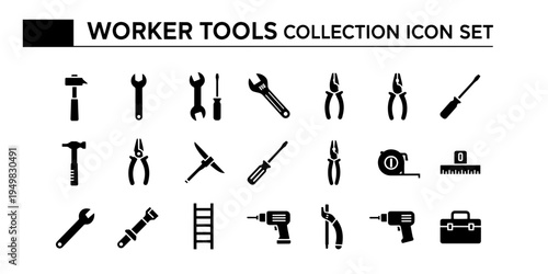 Minimalist and Clean collection of professional worker tools icons including wrenches, hammers, and screwdrivers for various technical applications.