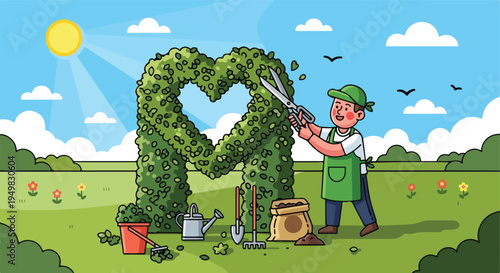 Gardener trims heart-shaped hedge under sunny sky with tools and bag of soil
