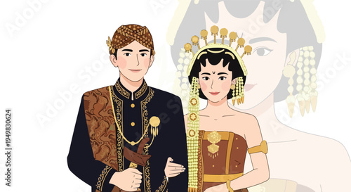 Couple in traditional cultural attire with ornate headdresses and clothing