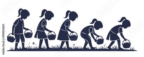 Silhouette sequence of a little girl walking and bending down to collect Easter eggs in her basket on the grass