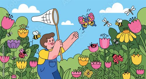 A cheerful child explores a garden, catching butterflies with a net