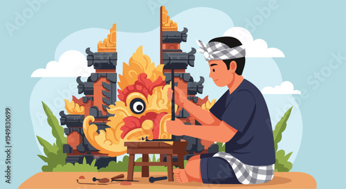 Craftsman working on traditional mask sculpture in front of ornate temple architecture