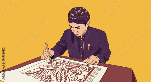 Young person in traditional attire meticulously paints intricate patterns on a cloth