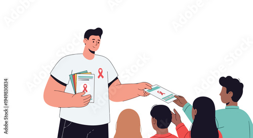 Man distributing flyers with red ribbons, representing awareness and support