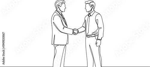 Minimalist continuous line drawing of two businessmen shaking hands, professional business agreement, formal attire, side view profile, isolated on white,