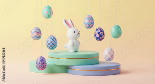 Easter bunny on pastel colored eggs and cakes with floating decorated eggs around