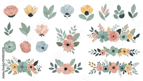 A colorful collection of various flowers and leaves arranged artistically on a white background for design.