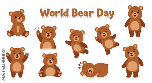 Vector illustration of various brown bears in different poses on World Bear Day, promoting bear conservation awareness with a playful design.