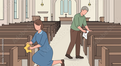People cleaning benches inside a church building