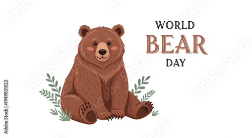 Illustration of a brown bear sitting with green leaves on World Bear Day, promoting bear conservation awareness and wildlife protection.